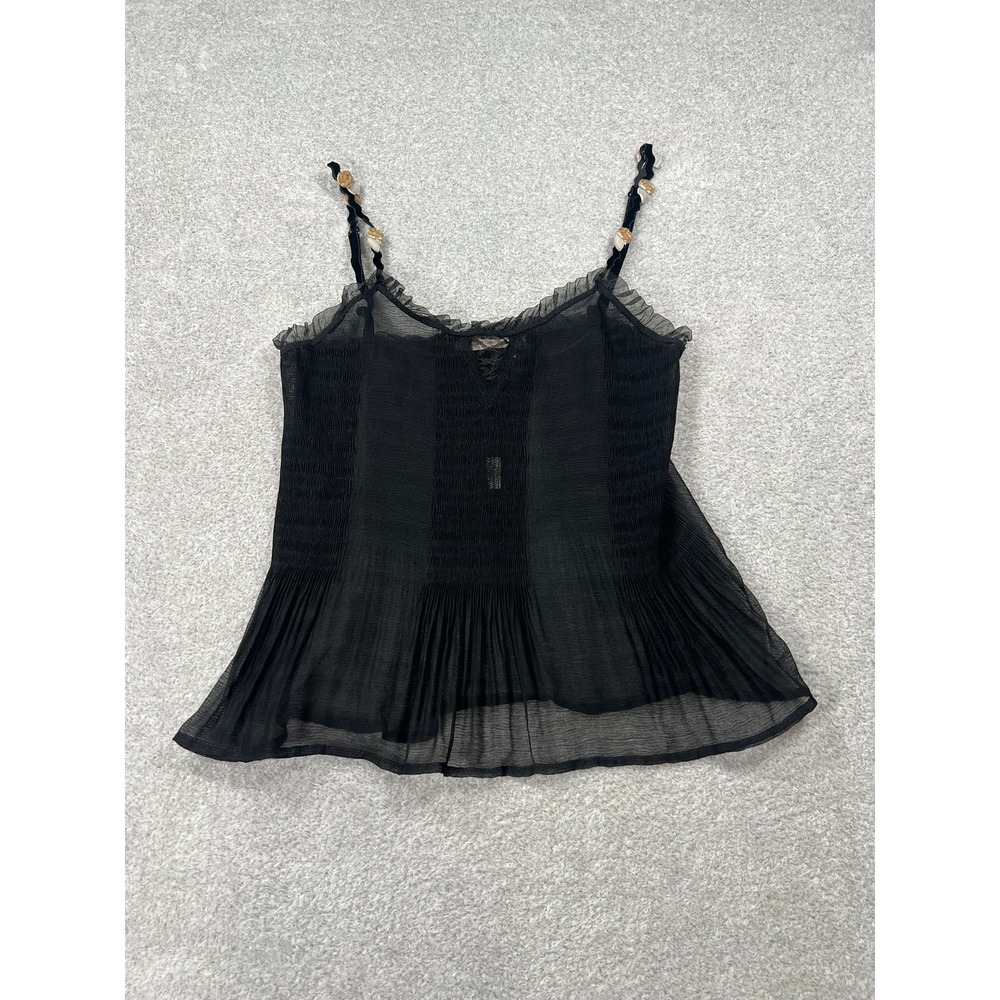 Divertimento Black Silk Smocked Camisole Small Ruffle Sheer Rosette Straps Y2K